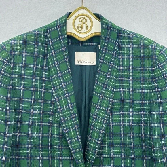 Dana Buchman Green Plaid Blazer Jacket Women Size 12 Silk Blend Academia Preppy - Picture 3 of 11